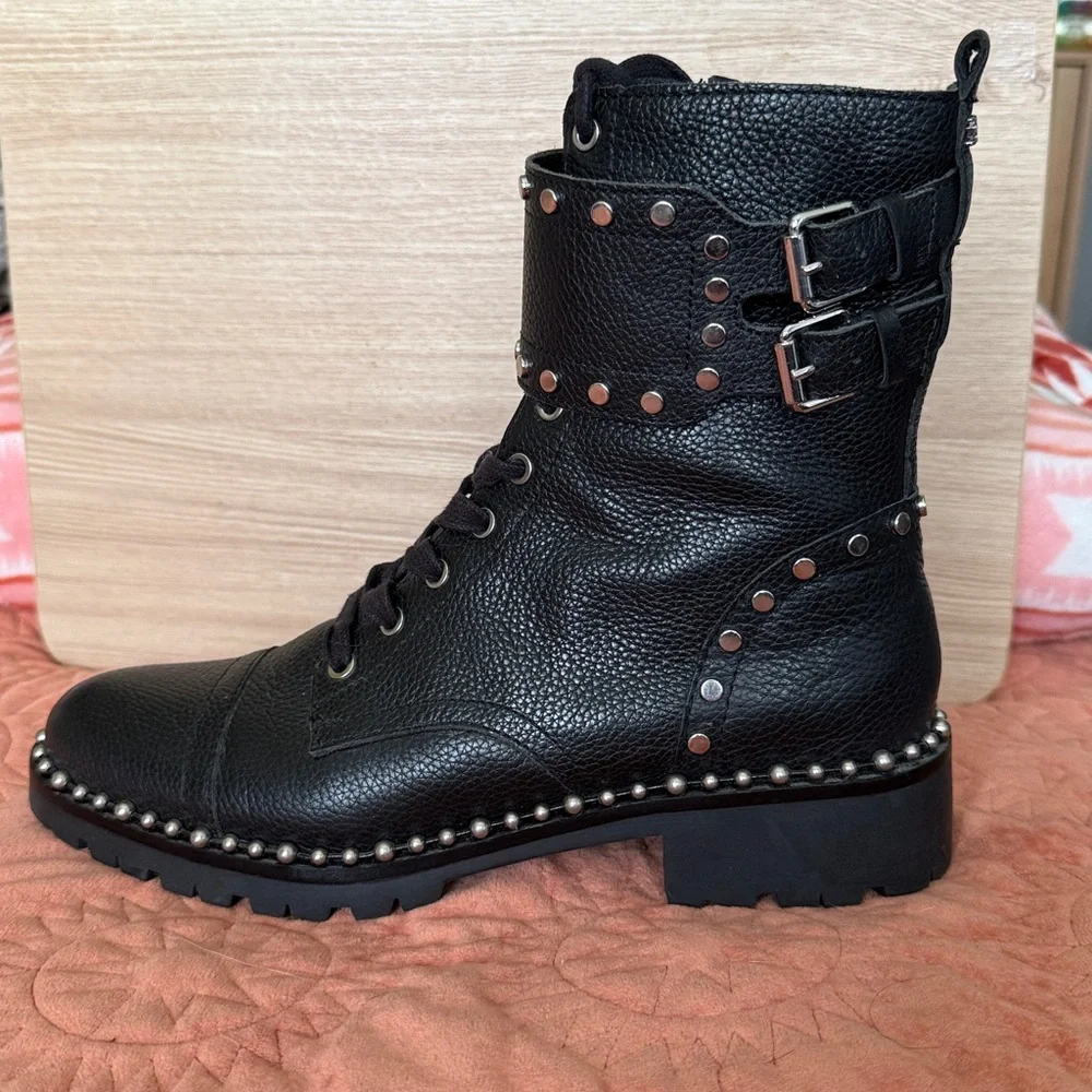 Sam Edelman Silver Studs Leather Black Zipper Combat Boots - Picture 1 of 12